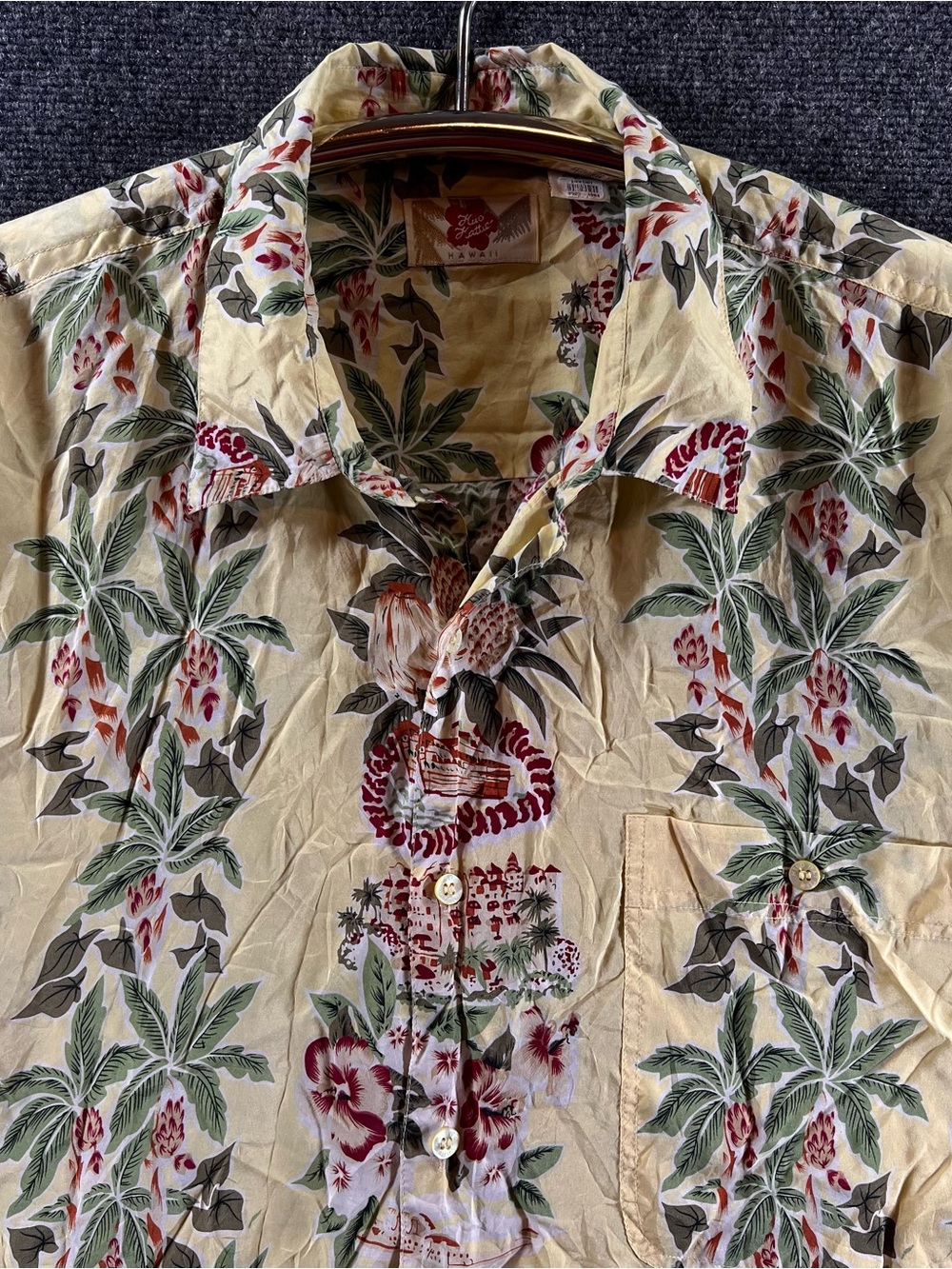Vtg Hilo Hattie Mens 100% Silk Hawaiian Shirt XL Yellow Red Resortwear USA Made